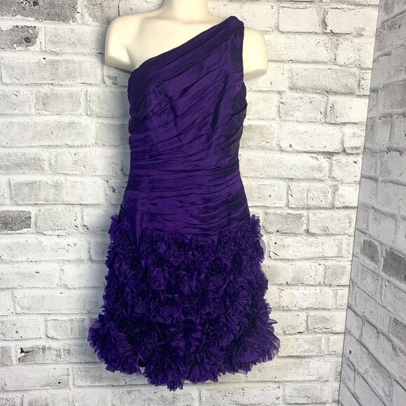 Theia One Shoulder Purple 100% Silk Ruched Rosette 3D Appliqué Cocktail Dress - Picture 1 of 16